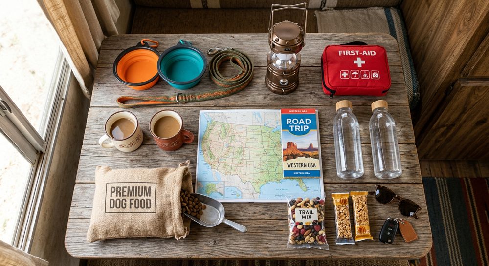 Road-trip supplies laid out: dog bowls, dog food, a map, a first-aid kit