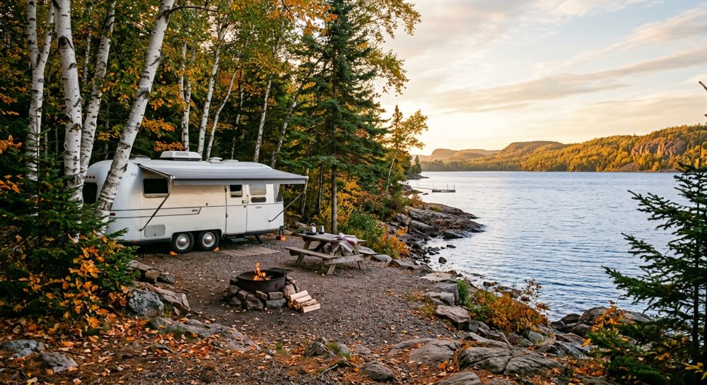 A camper among birches on the Lake Superior shore at Superior Shores RV Park