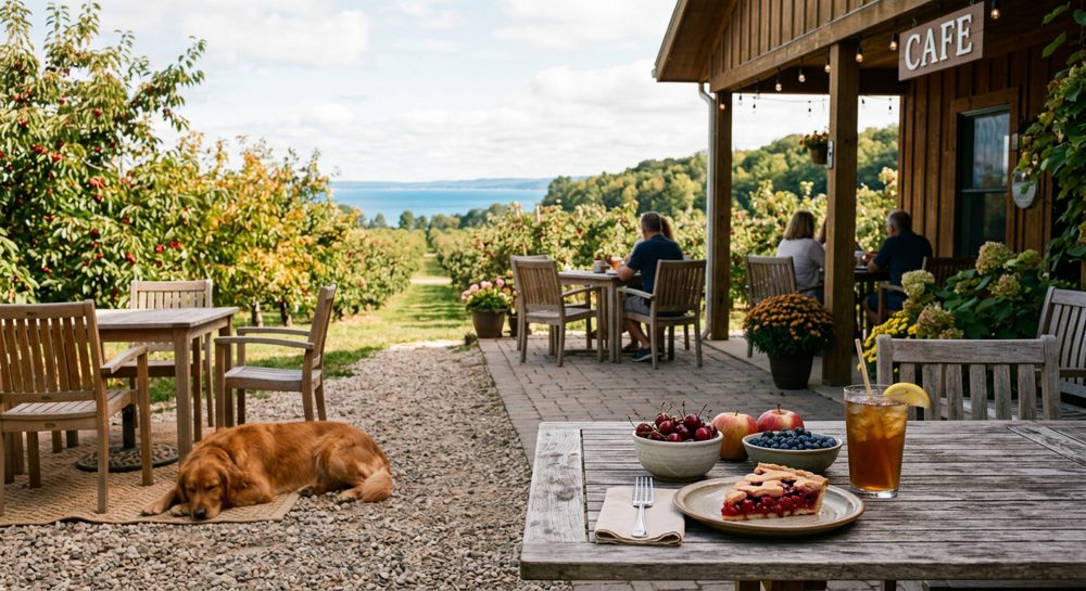 The patio at Cherry Lane Orchard and Café with pie and a dog resting