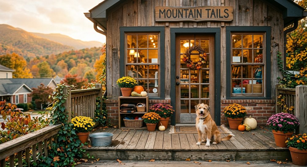 Mountain Tails Pet Supply, a wooden shop front with a dog on the porch
