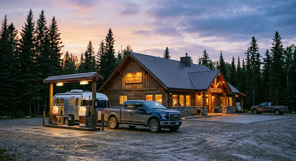 Northern Pines Fuel and Travel Centre, a log building with fuel pumps at dusk