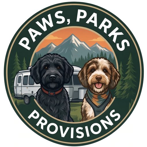 Paws, Parks & Provisions badge with two dogs and a camper