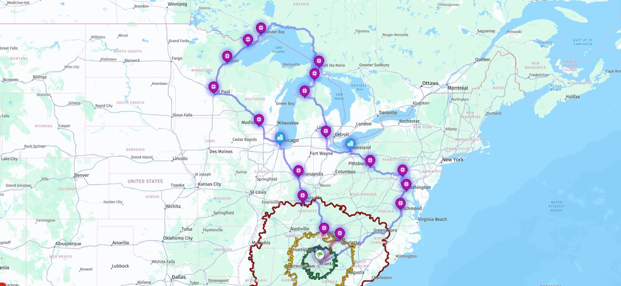 Route map of the loop: north from Alpharetta, GA through Tennessee, Kentucky, Indiana and Illinois, around Lake Superior through Ontario, then south through Michigan, Ohio, Pennsylvania, DC and Virginia