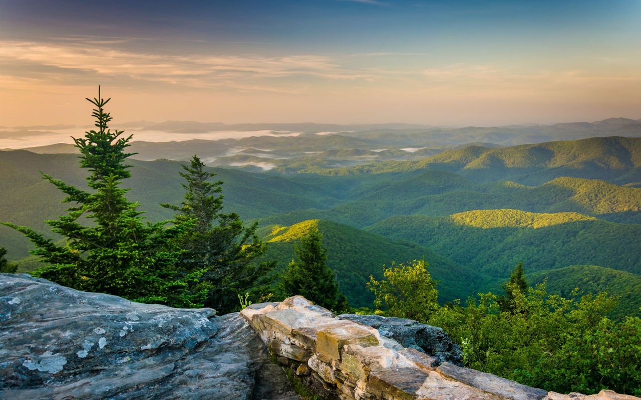 Blue Ridge ridges at sunset above Asheville