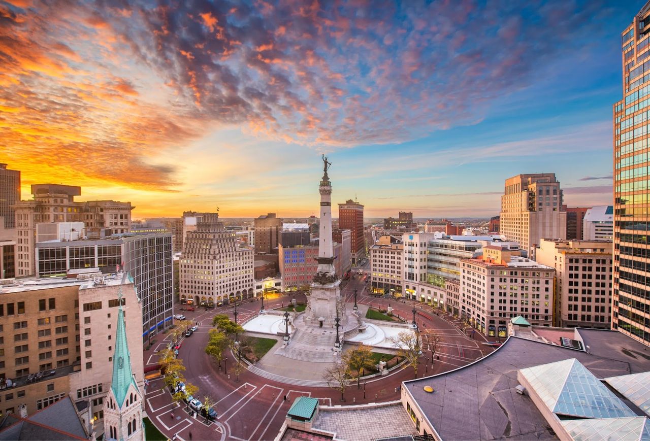 Monument Circle in downtown Indianapolis at sunset