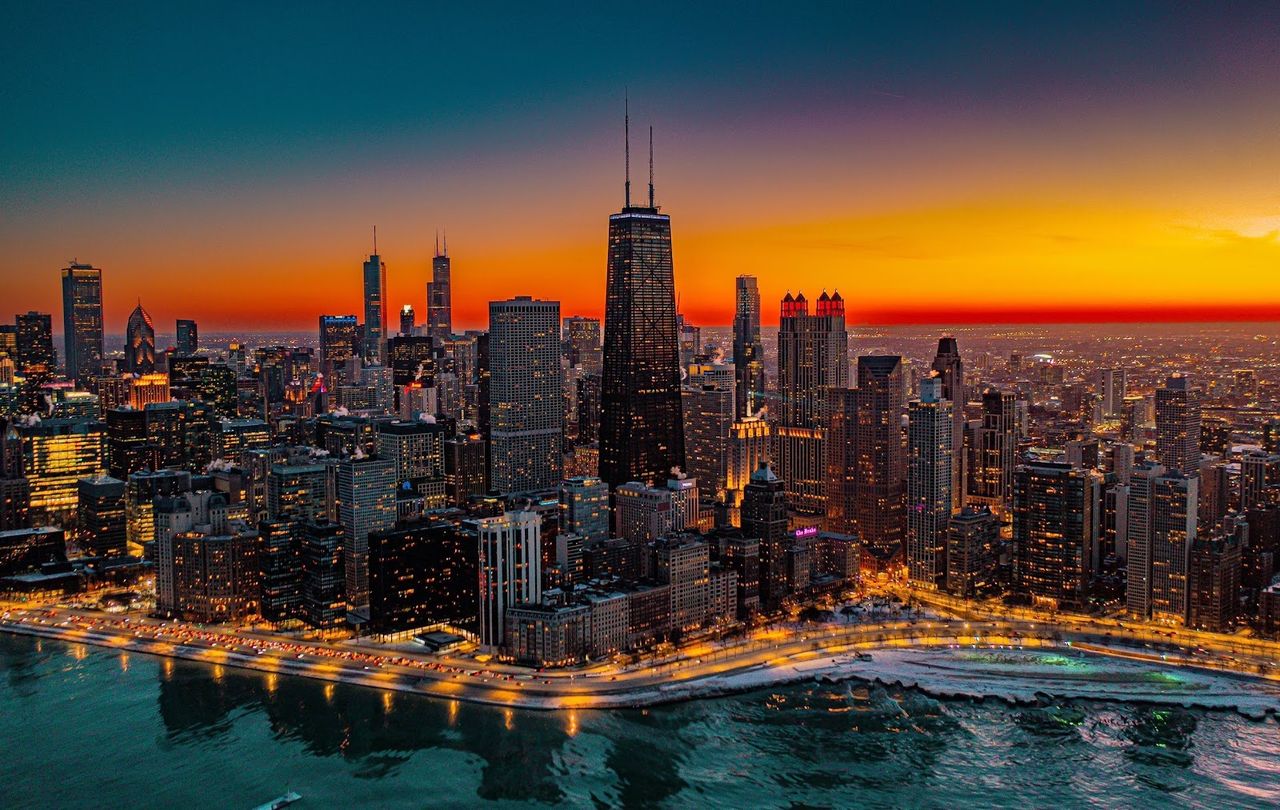 The Chicago skyline on Lake Michigan at dusk