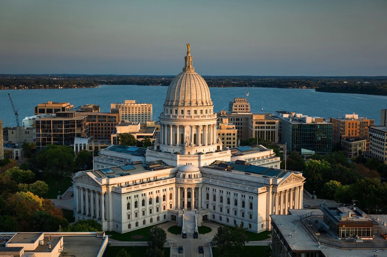 The Wisconsin State Capitol between two lakes in Madison