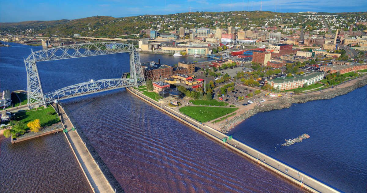 The Duluth ship canal and lift bridge from above