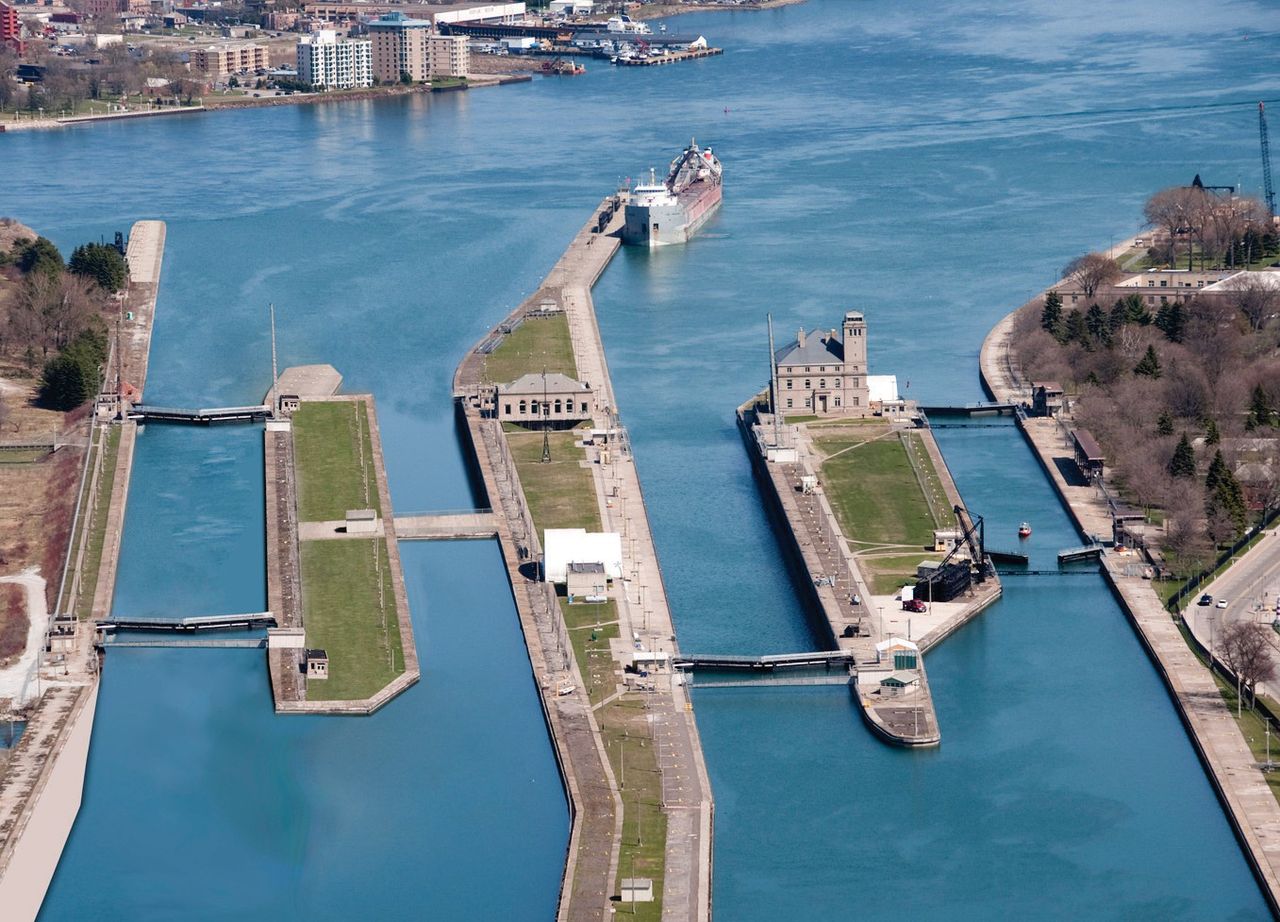 The Soo Locks at Sault Ste. Marie from above