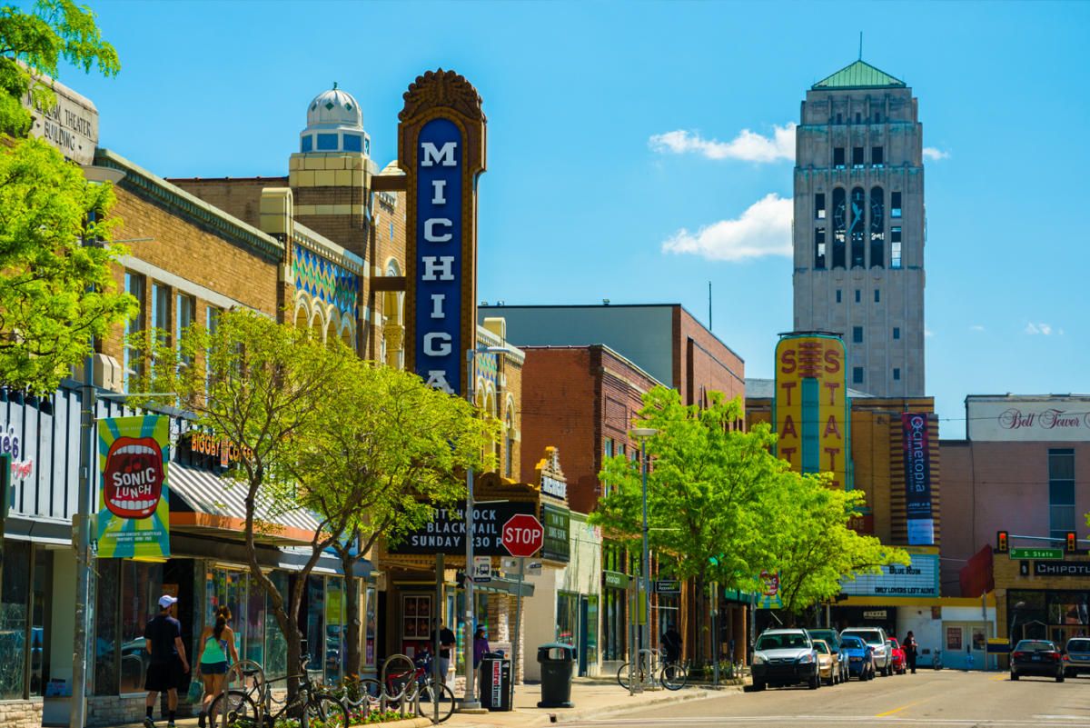 The Michigan Theater sign on a downtown Ann Arbor street